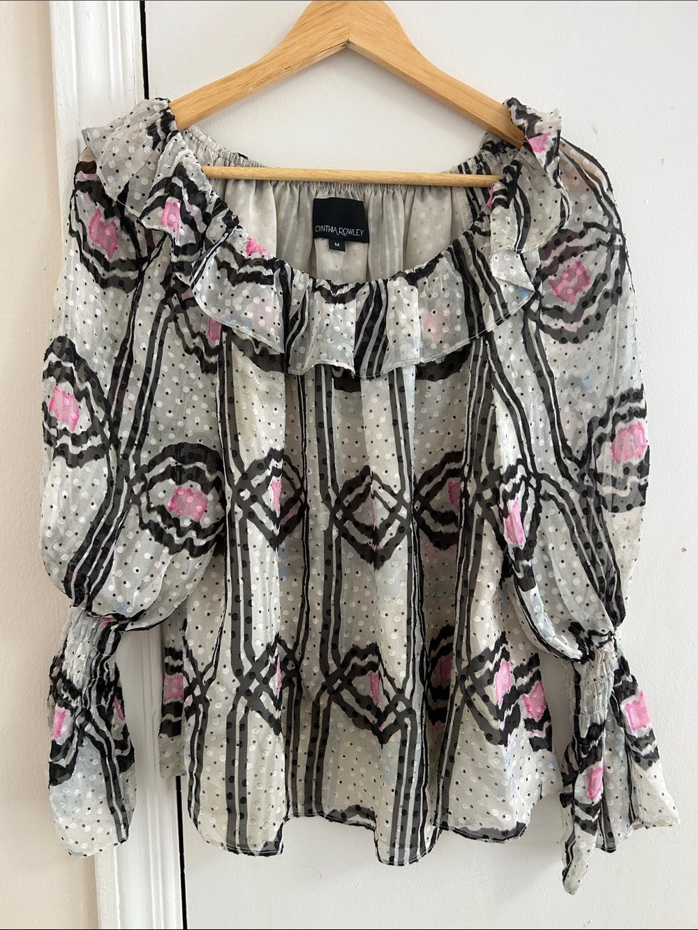 Cynthia Rowley Black, White and Pink Ruffled Peasant Blouse